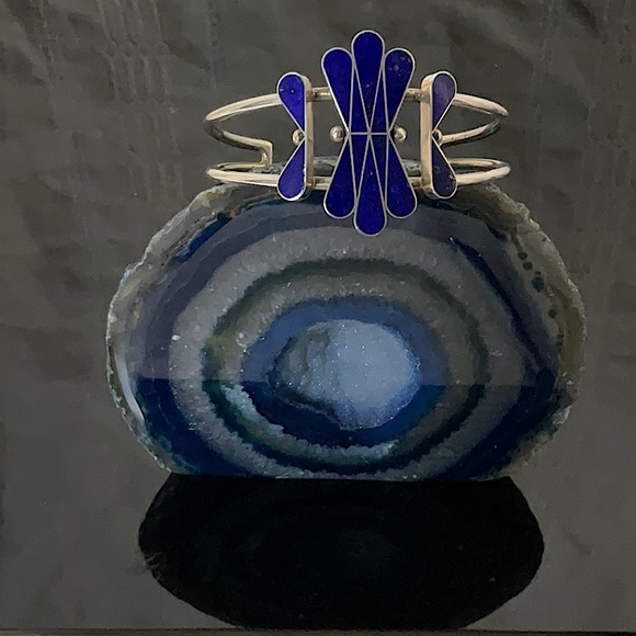 Vtg.SW NativeAmericanIndian Sterling Silver Cuff With Natural Lapis Gemstone. - Picture 2 of 5